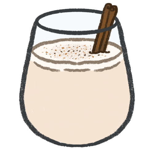 a glass with a cream coloured drink inside. It has a cinnamon stick in it and cinnamon sprinkled on top. 